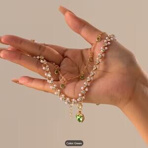 Elegant Double Layer Pearl Heart Pendant Necklace– Crystal Rhinestone Green